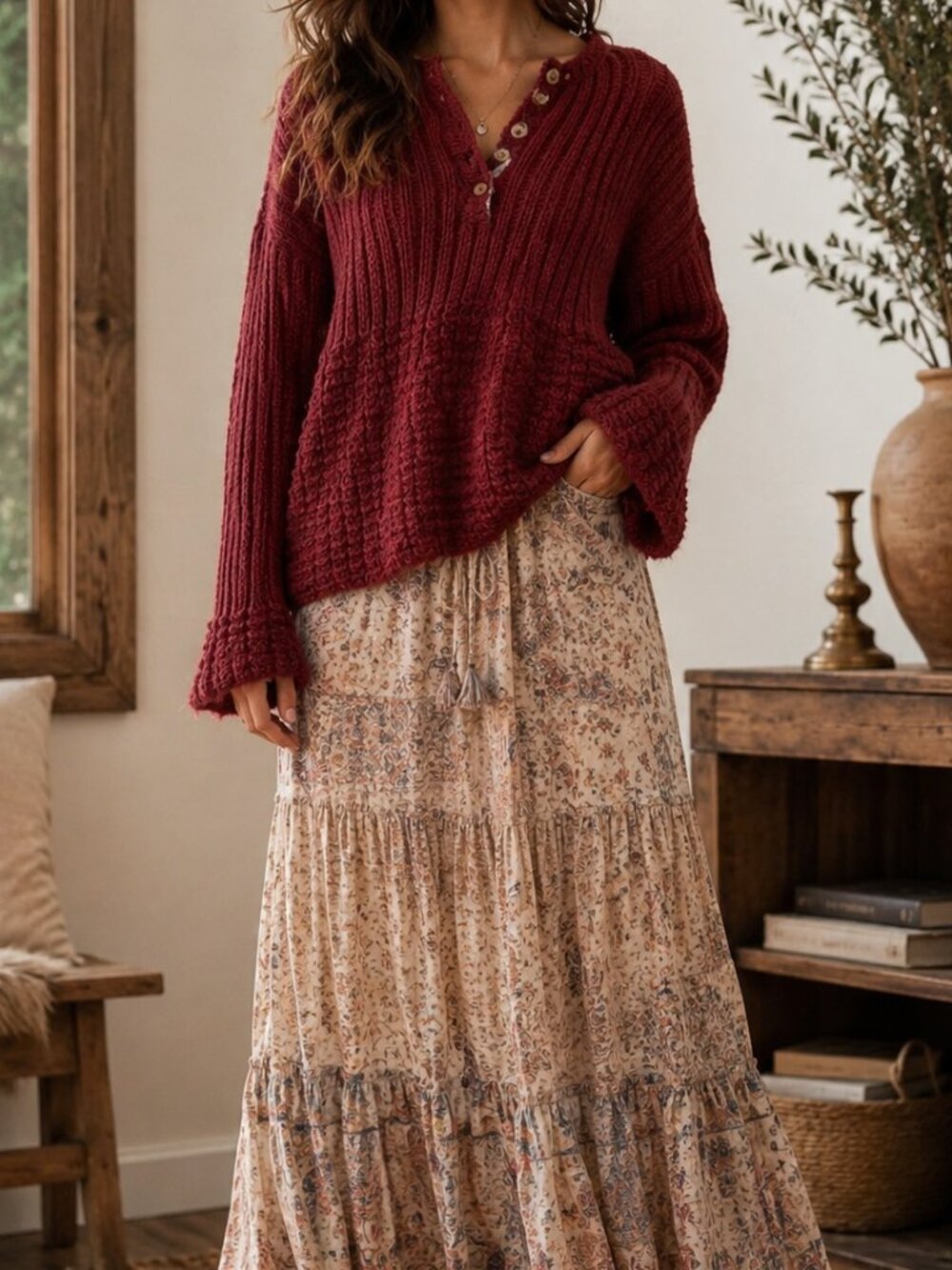 Knitting Fever Boho Handmade Sweater Red